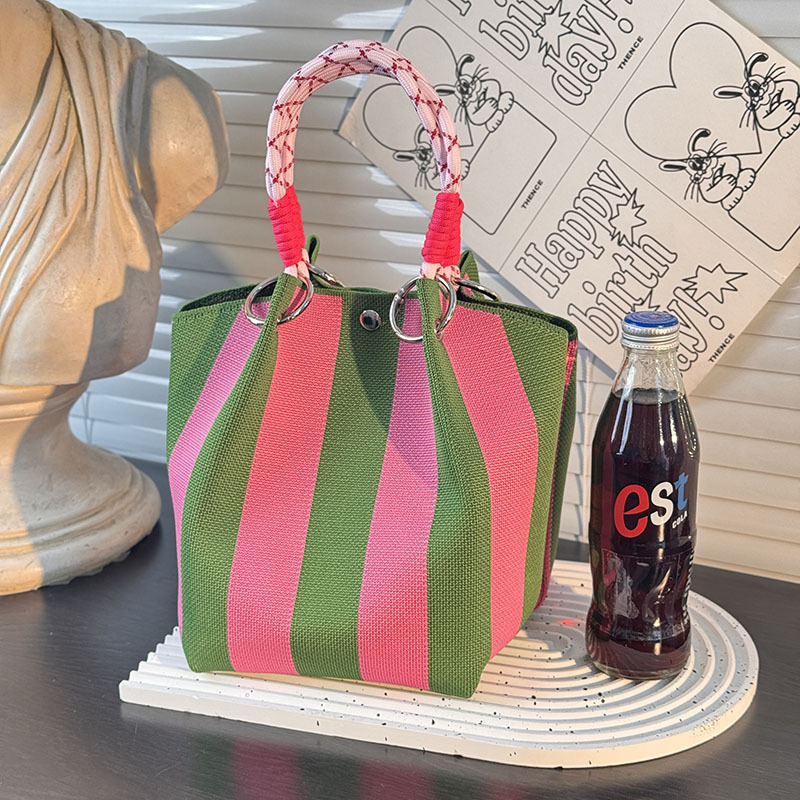 Kosoul 23x17x16cm Vertical stripes casual Handbag For Women Lightweight yellow orange red blue Stripes Print Knit Small Bucket bags for Women