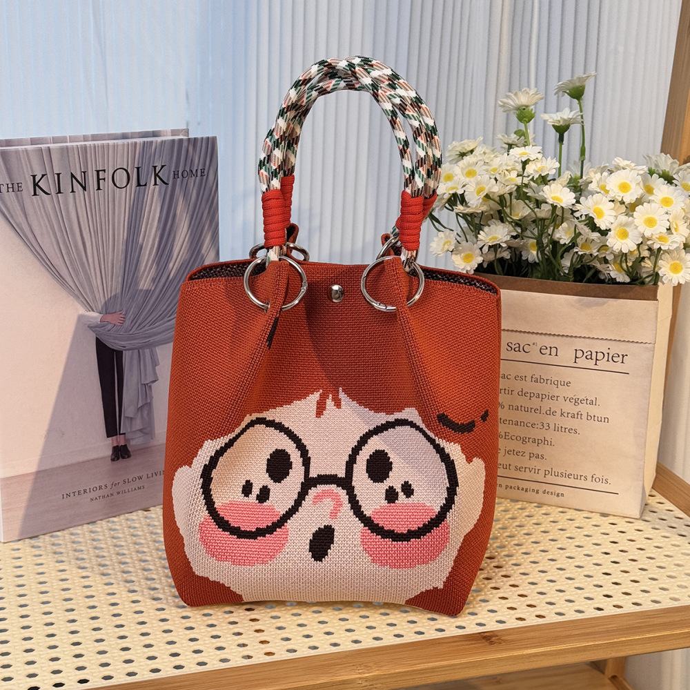 Kosoul 23x17x16cm Cute face Niche Knitted Ring Buckle Top Handle Bag Handmade Knitting Bucket Bag Magnetic Buckle Handbag Women Fashion Totes Bag Wrist Bag