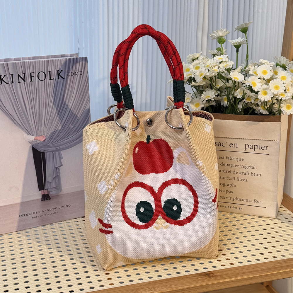 Kosoul 23x17x16cm Cute face Niche Knitted Ring Buckle Top Handle Bag Handmade Knitting Bucket Bag Magnetic Buckle Handbag Women Fashion Totes Bag Wrist Bag