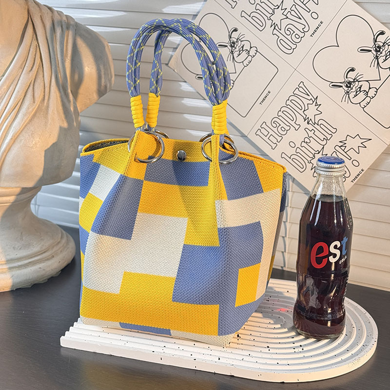 Kosoul 23x17x16cm  geometric grid casual Handbag For Women Lightweight yellow orange red blue Stripes Print Knit Small Bucket bags for Women