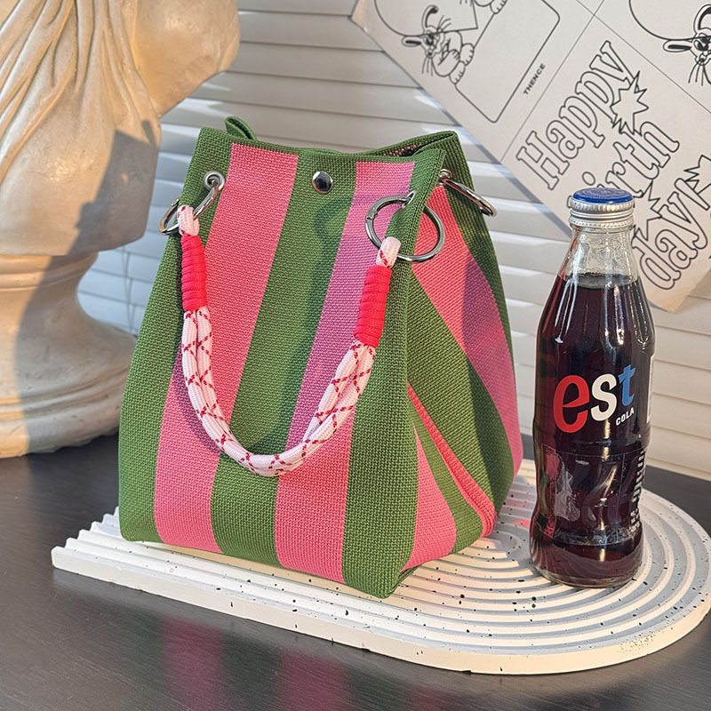 Kosoul 23x17x16cm Vertical stripes casual Handbag For Women Lightweight yellow orange red blue Stripes Print Knit Small Bucket bags for Women