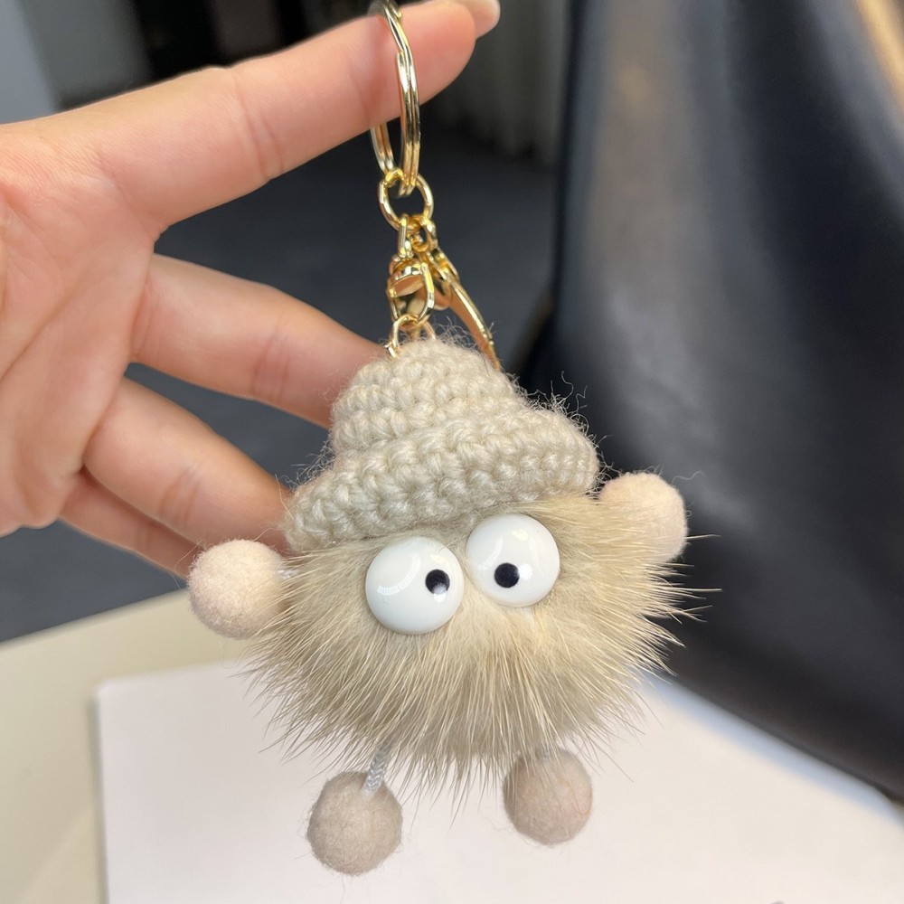 Kosoul Knitted bag charm, faux mink fur cute little coal ball plush charm, car keychain charm, small ornament, plush bag charm, backpack charm