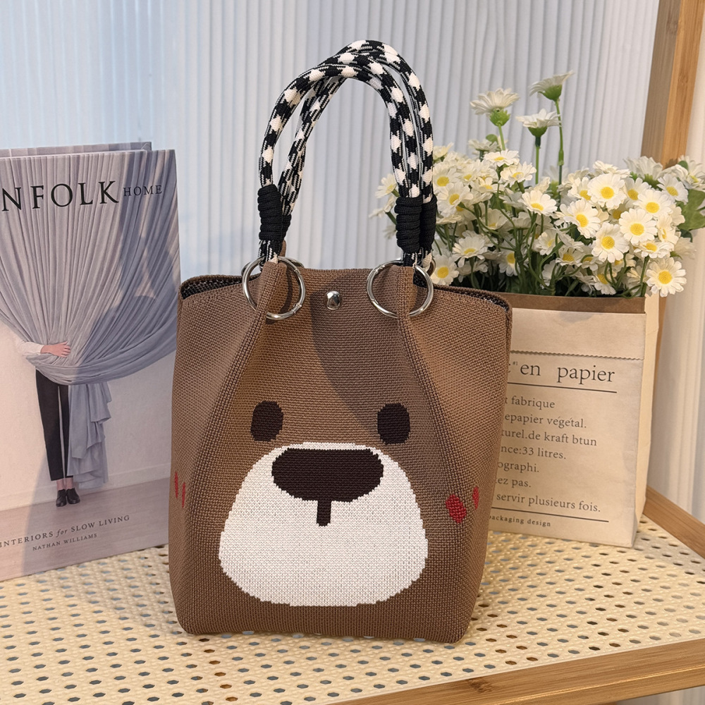 Kosoul 23x17x16cm Cute face Niche Knitted Ring Buckle Top Handle Bag Handmade Knitting Bucket Bag Magnetic Buckle Handbag Women Fashion Totes Bag Wrist Bag