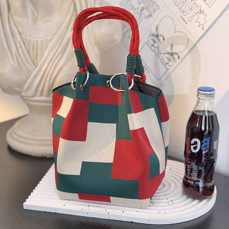 Kosoul 23x17x16cm  geometric grid casual Handbag For Women Lightweight yellow orange red blue Stripes Print Knit Small Bucket bags for Women