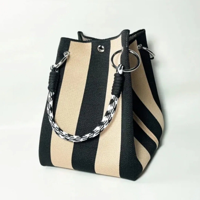 Kosoul 23x17x16cm  geometric grid casual Handbag For Women Lightweight yellow orange red blue Stripes Print Knit Small Bucket bags for Women
