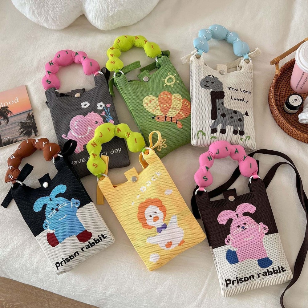 Kosoul New fashion shoulder bag mini knitted mobile phone bag Korean version versatile small portable change bag messenger bag Cute animals