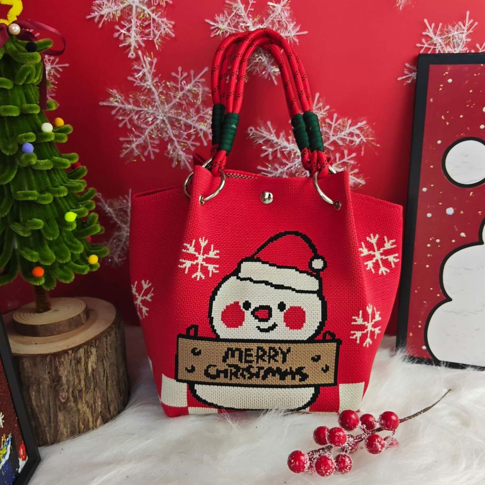 Kosoul 23x17x16cm Cartoon Reindeer Santa Claus Knitted Bucket Bag For Women Fashion Large Capacity Portable Handbag Christmas Knitted Gift Bag
