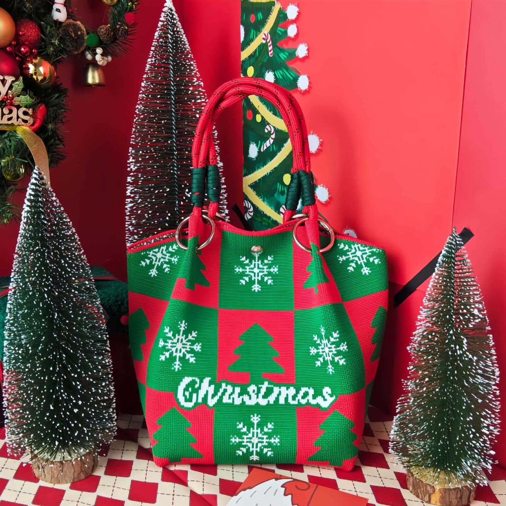 Kosoul 23x17x16cm Cartoon Reindeer Santa Claus Knitted Bucket Bag For Women Fashion Large Capacity Portable Handbag Christmas Knitted Gift Bag