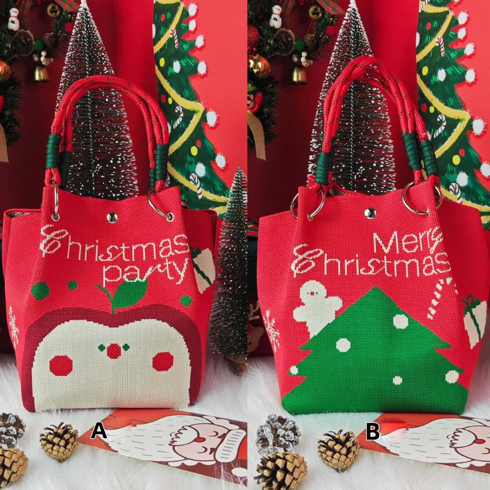Kosoul 23x17x16cm Cartoon Reindeer Santa Claus Knitted Bucket Bag For Women Fashion Large Capacity Portable Handbag Christmas Knitted Gift Bag