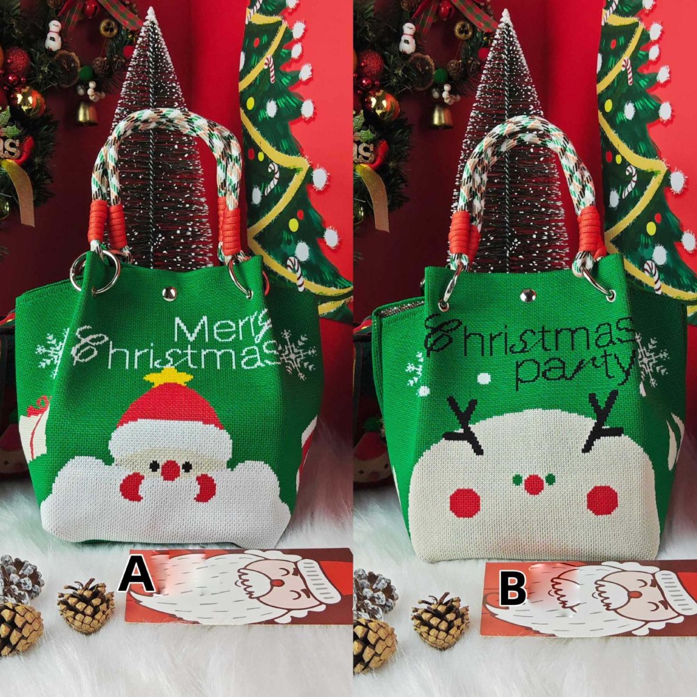 Kosoul 23x17x16cm Cartoon Reindeer Santa Claus Knitted Bucket Bag For Women Fashion Large Capacity Portable Handbag Christmas Knitted Gift Bag