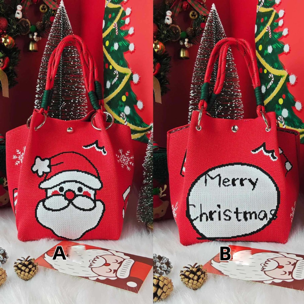 Kosoul 23x17x16cm Cartoon Reindeer Santa Claus Knitted Bucket Bag For Women Fashion Large Capacity Portable Handbag Christmas Knitted Gift Bag