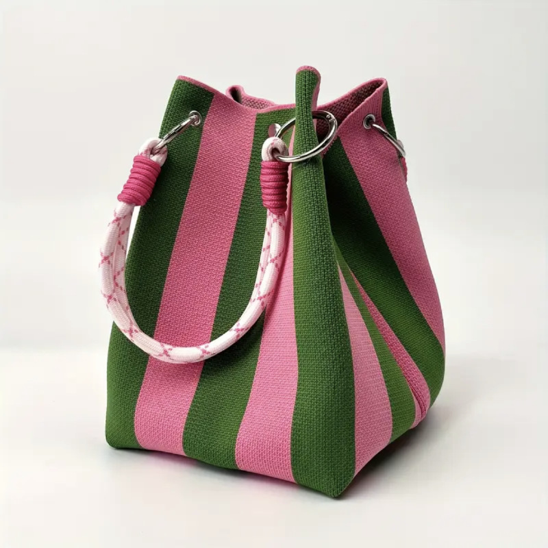Kosoul 23x17x16cm Vertical stripes casual Handbag For Women Lightweight yellow orange red blue Stripes Print Knit Small Bucket bags for Women