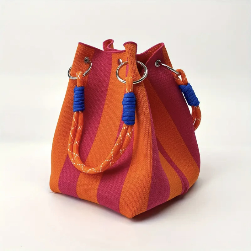 Kosoul 23x17x16cm Vertical stripes casual Handbag For Women Lightweight yellow orange red blue Stripes Print Knit Small Bucket bags for Women