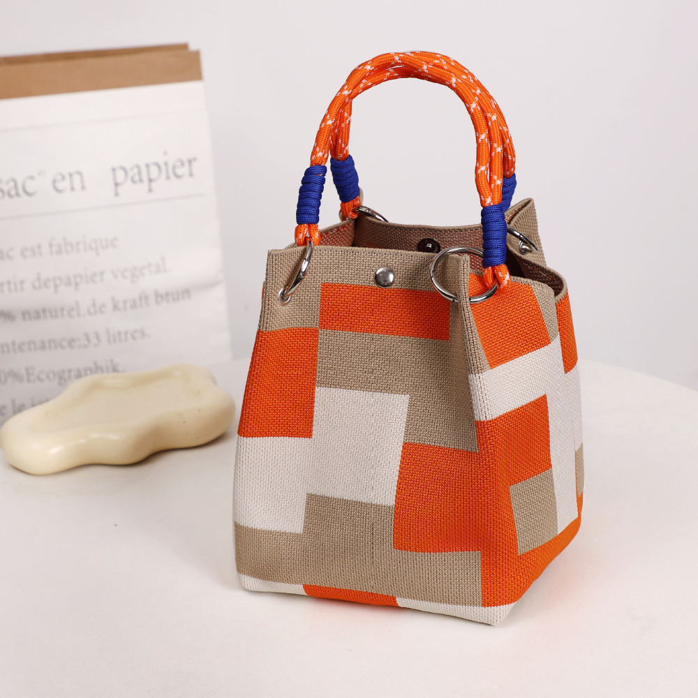Kosoul 23x17x16cm  geometric grid casual Handbag For Women Lightweight yellow orange red blue Stripes Print Knit Small Bucket bags for Women