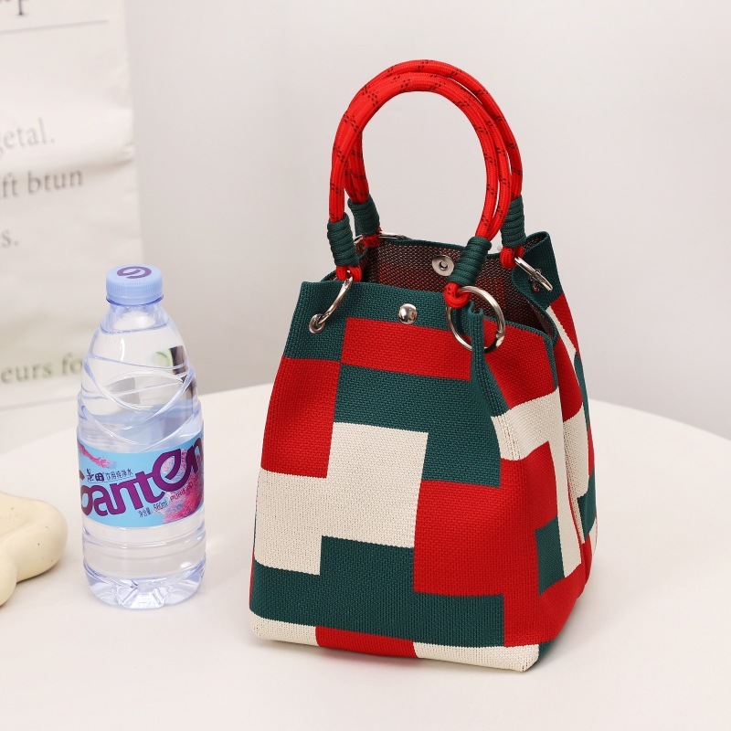 Kosoul 23x17x16cm  geometric grid casual Handbag For Women Lightweight yellow orange red blue Stripes Print Knit Small Bucket bags for Women