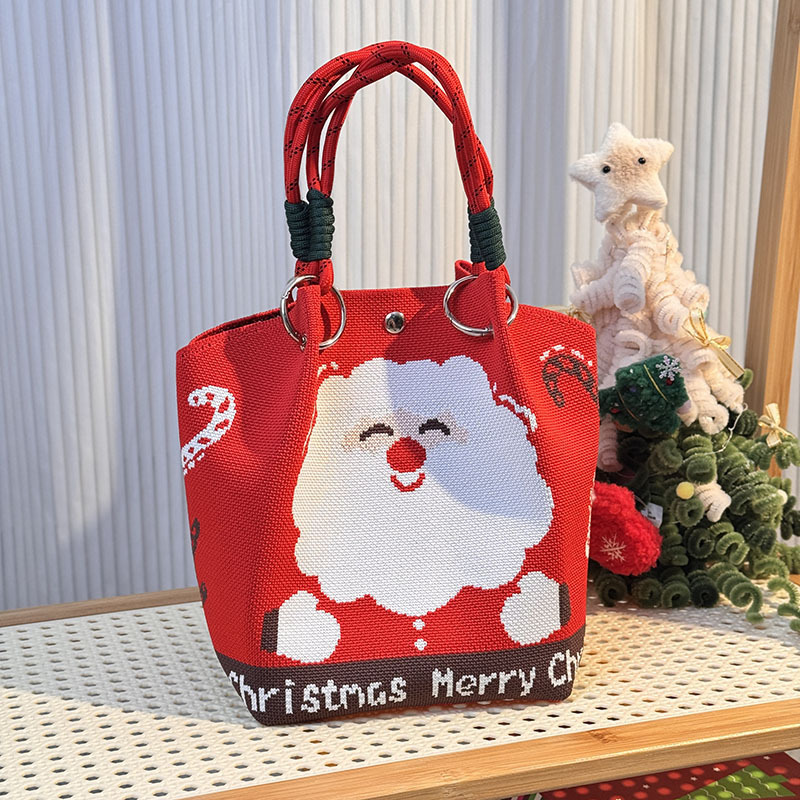 Kosoul 23x17x16cm Cartoon Reindeer Santa Claus Knitted Bucket Bag For Women Fashion Large Capacity Portable Handbag Christmas Knitted Gift Bag