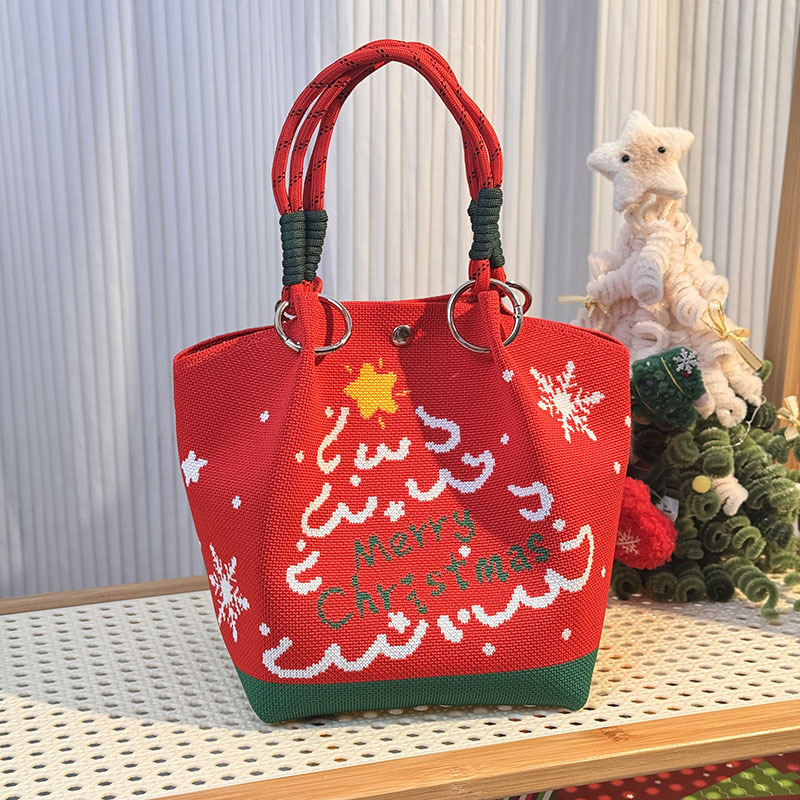 Kosoul 23x17x16cm Cartoon Reindeer Santa Claus Knitted Bucket Bag For Women Fashion Large Capacity Portable Handbag Christmas Knitted Gift Bag