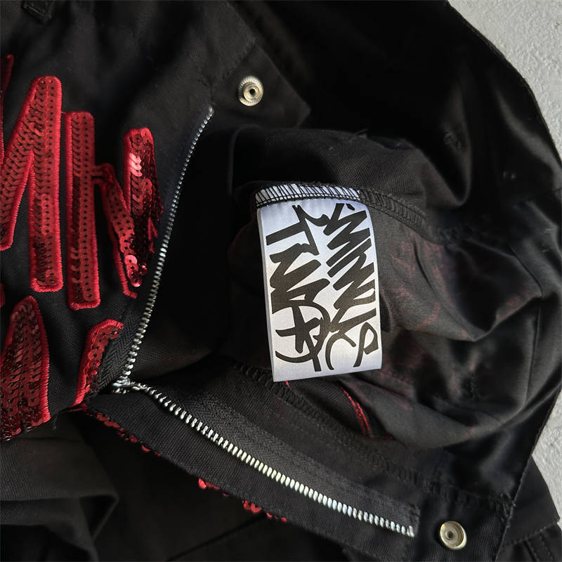 Minus Two Cargos Trousers Unisex Graff Sequin Logo Pants Black Red Detailed View 1