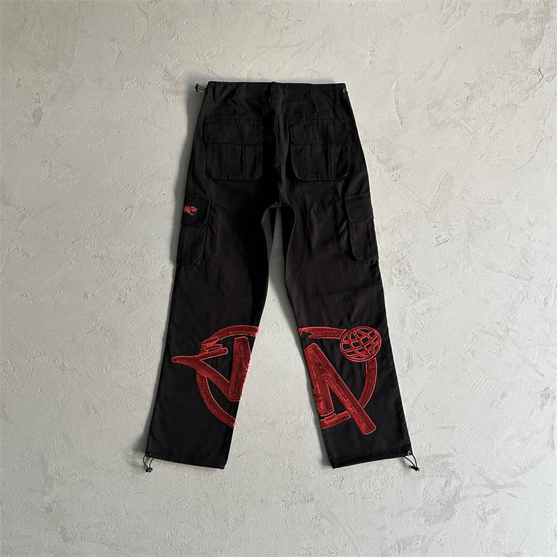 Minus Two Cargos Trousers Unisex Graff Sequin Logo Pants Black Red Back View