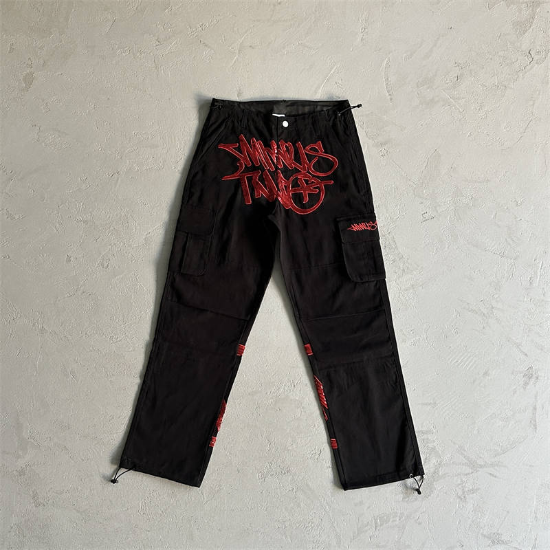 Minus Two Cargos Trousers Unisex Graff Sequin Logo Pants Black Red Front View