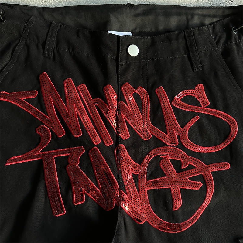 Minus Two Cargos Trousers Unisex Graff Sequin Logo Pants Black Red Detailed View 2