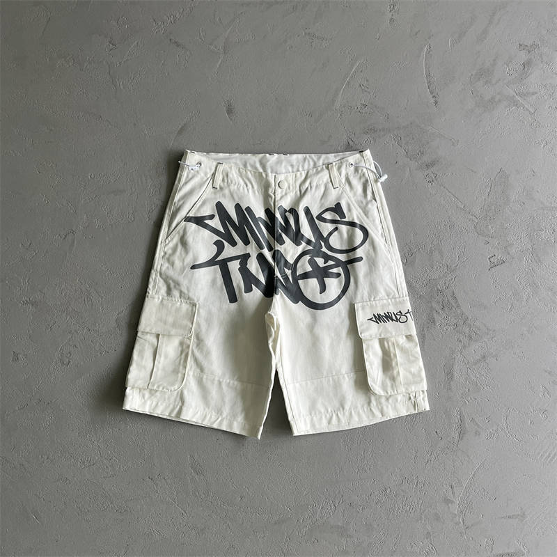 Minus Two Shorts Y2K Graff Cargos Pants Men Women Streetwear White Front View