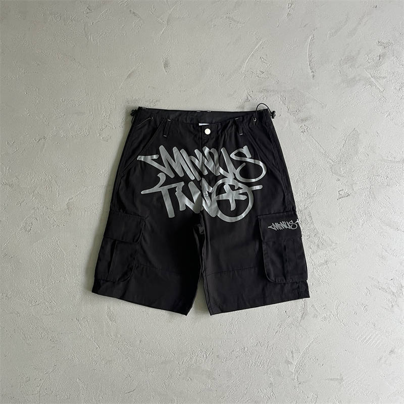 Minus Two Shorts Y2K Graff Cargos Pants Men Women Streetwear Black Front View
