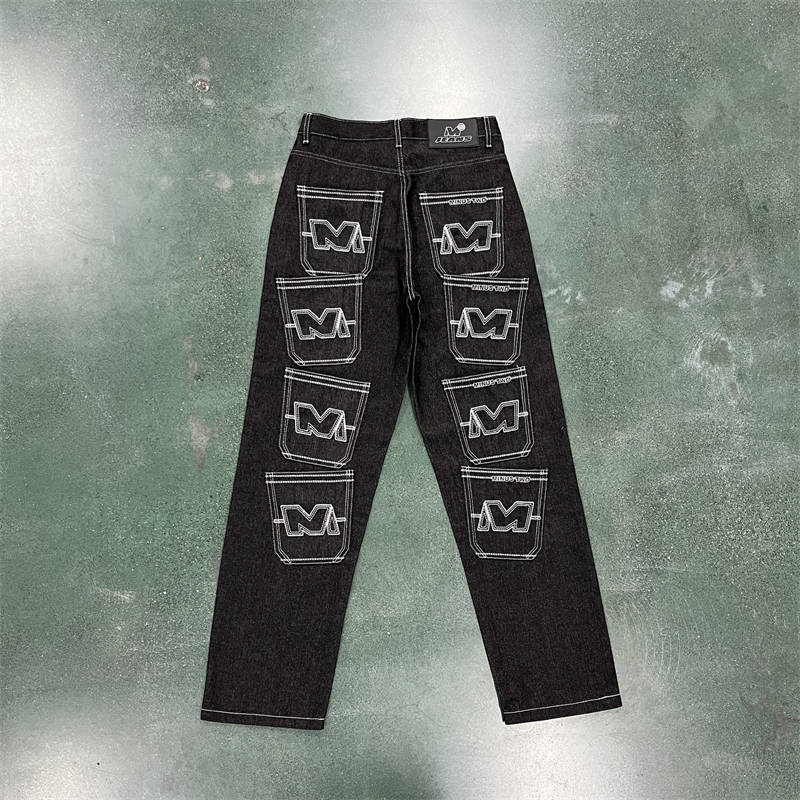 Minus Two Jeans Multi Pocket Stitch Denim Pants Fashions Trousers Black White Back View