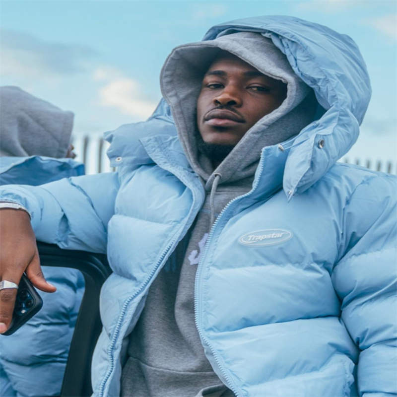 Trapstar Jacket Hyperdrive Hooded Puffer Coat Blue Model Showing View