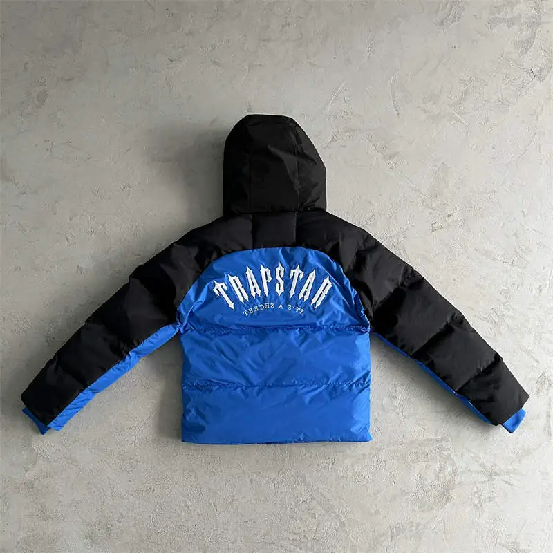 Trapstar Coat Decoded Arch Puffer Hooded Down Jacket Black Blue Back View
