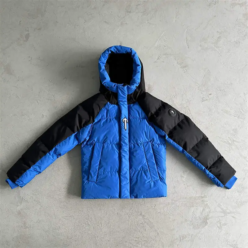 Trapstar Coat Decoded Arch Puffer Hooded Down Jacket Black Blue Front View