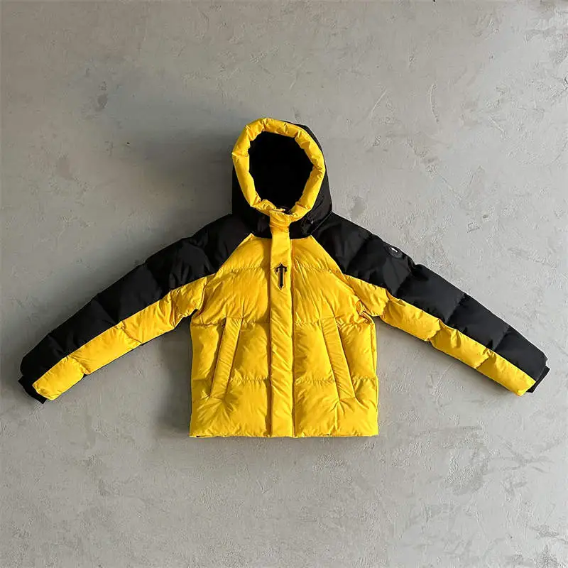 Trapstar Coat Decoded Arch Puffer Hooded Down Jacket Black Yellow Front View