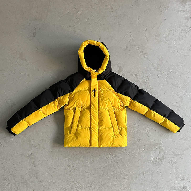 Trapstar Coat Decoded Arch Puffer Hooded Down Jacket Black Yellow Front View