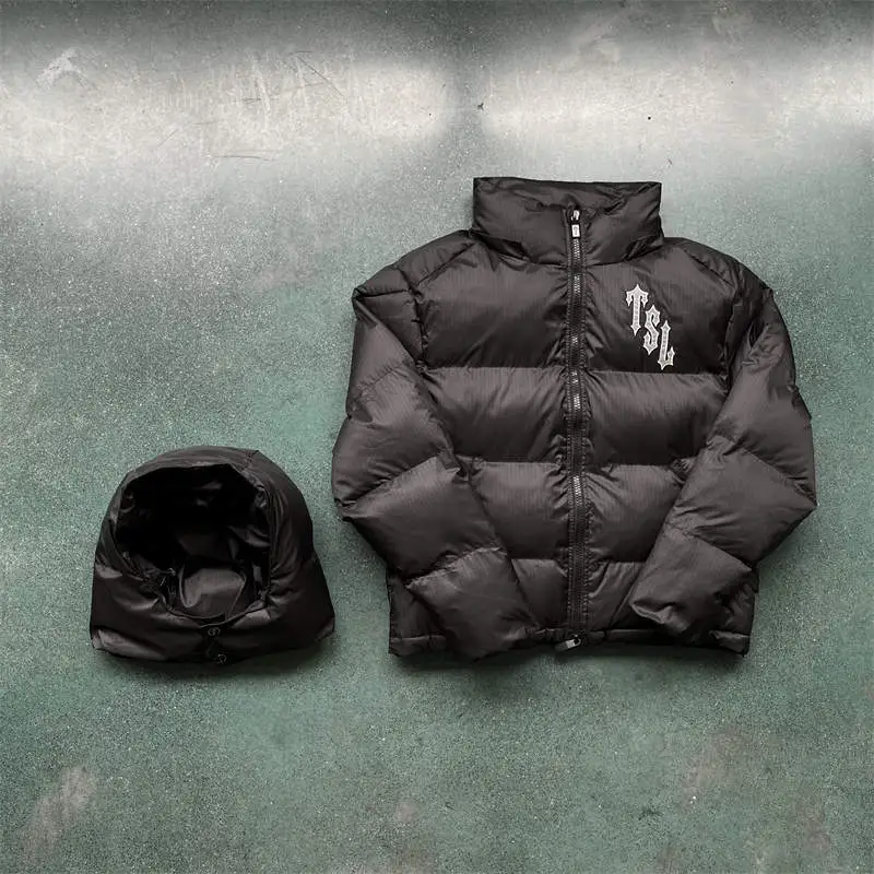 Trapstar Jacket Mens Shooters Puffer Detachable Hooded Down Coat Black Front View