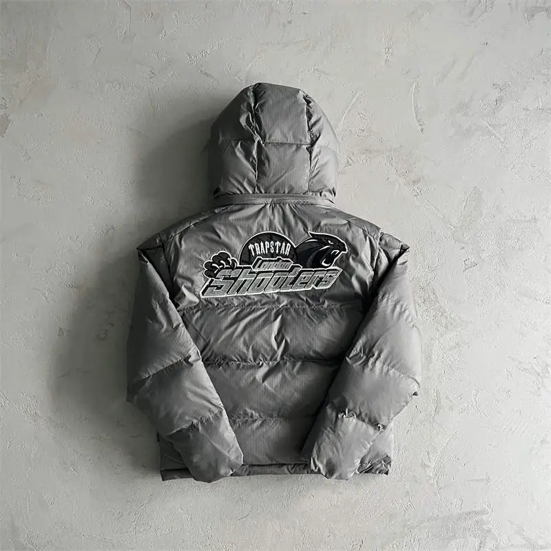 Trapstar Jacket Mens Shooters Puffer Detachable Hooded Down Coat Gray Back View