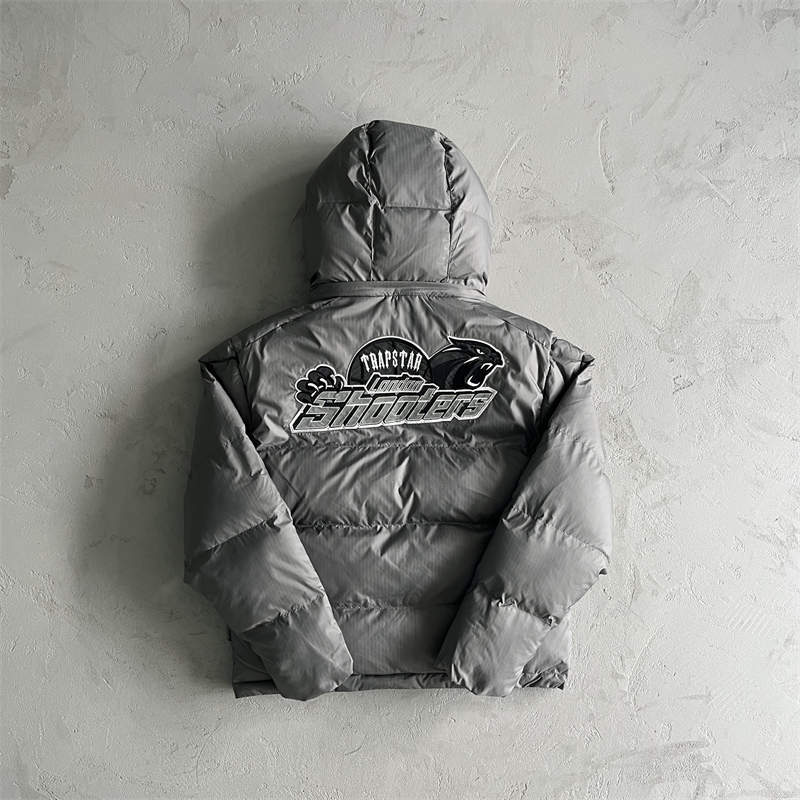 Trapstar Jacket Mens Shooters Puffer Detachable Hooded Down Coat Gray Back View