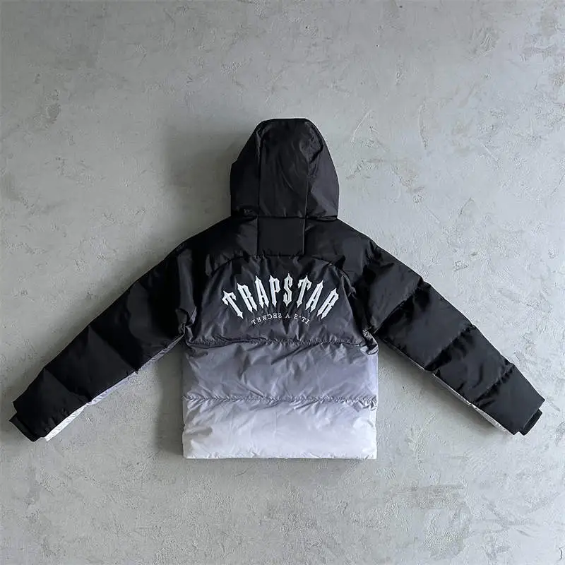 Trapstar Coat Decoded Arch Puffer Hooded Down Jacket Black Gradient Back View