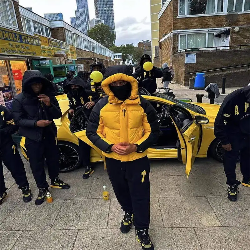 Trapstar Coat Decoded Arch Puffer Hooded Down Jacket Black Yellow Model Showing View