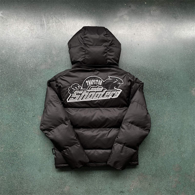 Trapstar Jacket Mens Shooters Puffer Detachable Hooded Down Coat Black Back View