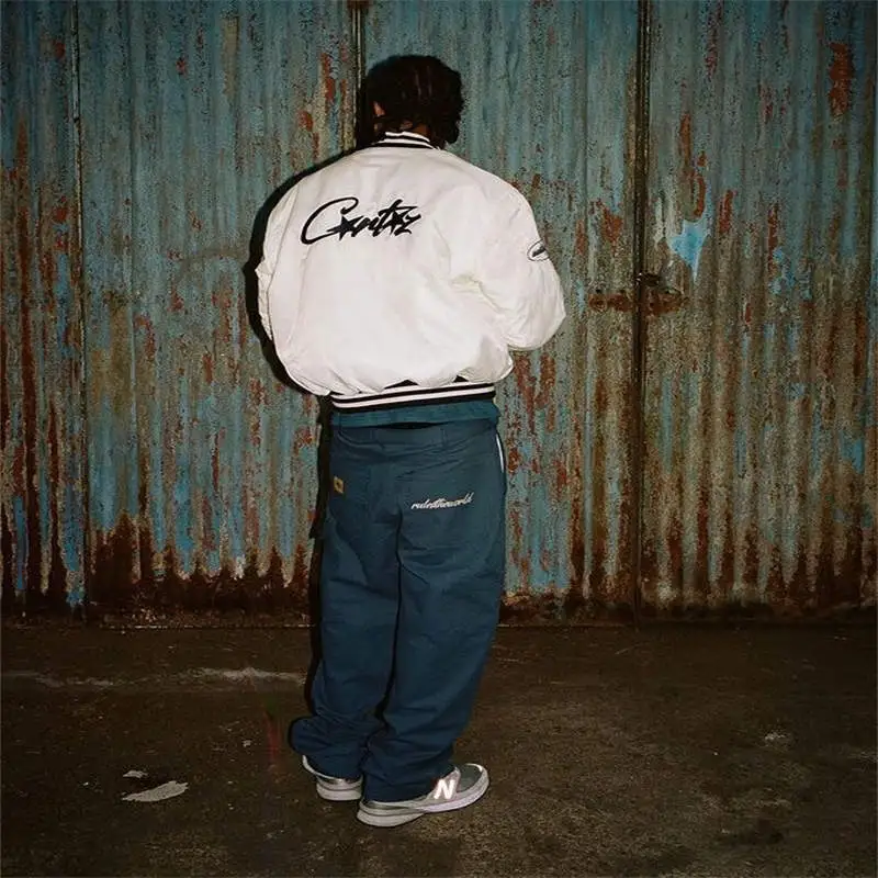 Corteiz Alcatraz Baseball Stadium Jacket white worn view