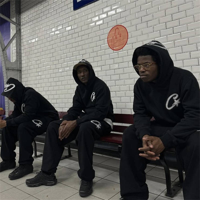 Corteiz Jumpers Crtz Satin C Star Appliqué Hoodie and Bottoms Black Wearing Effect