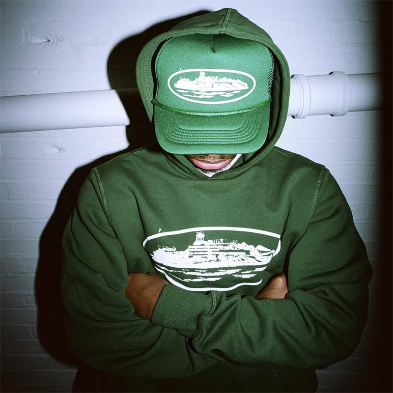 Corteiz Hat Crtz Alcatraz Print Trucker Cap Green Wearing Effect