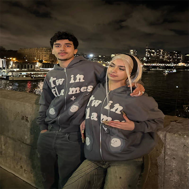 Broken Planet Twin Flames Zip Up Hoodie Wearing Effect