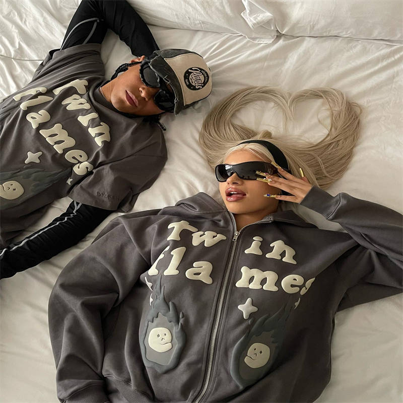 Broken Planet Twin Flames Zip Up Hoodie Wearing Effect