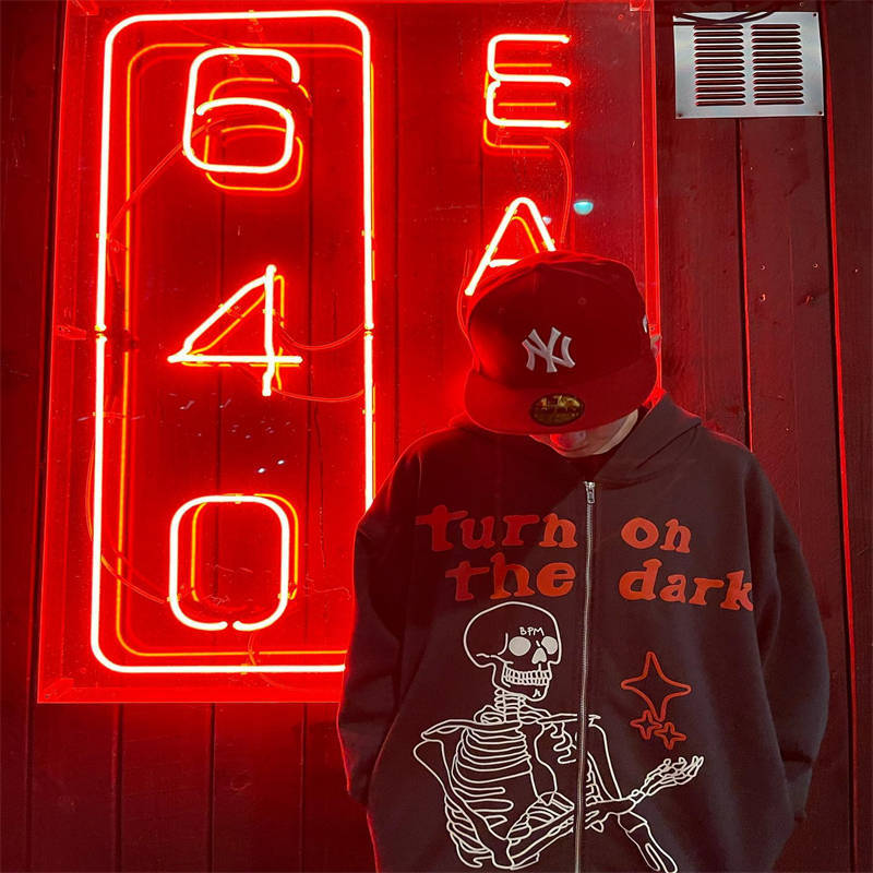 Broken Planet Market Turn On The Dark Zip Up Hoodie Wearing Effect