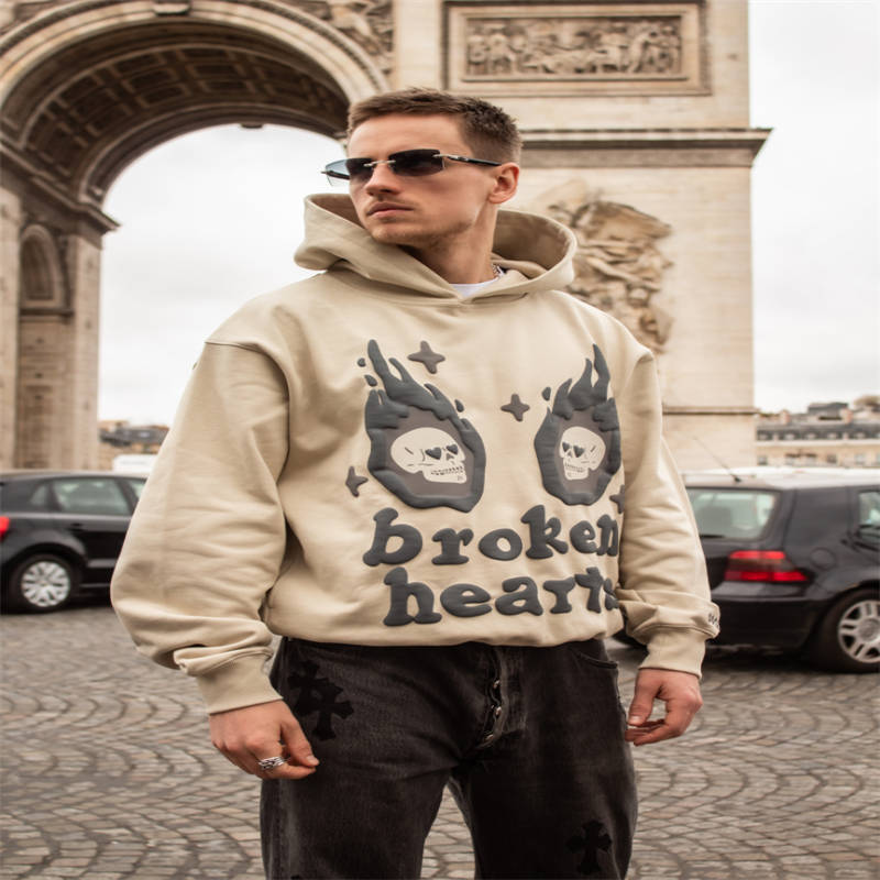 Broken Planet Broken Hearts Hoodie​ Beige Wearing Effect
