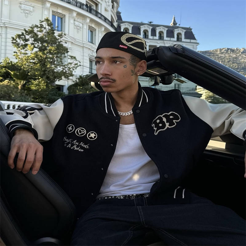 Broken Planet Varsity Jacket Black White Wearing Effect