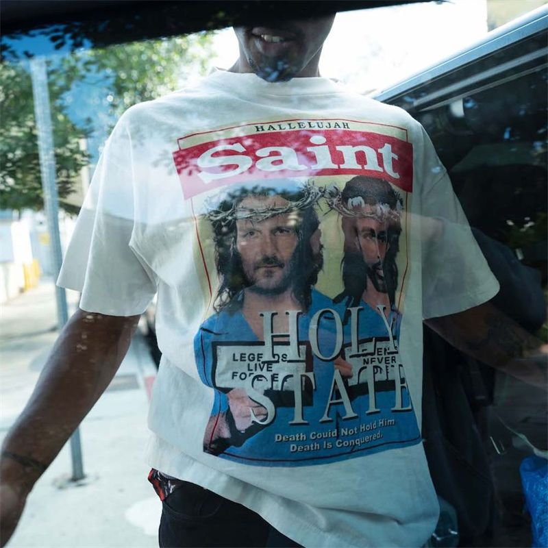 Denim Tears x Saint Michael T Shirt Jesus Print Tees Wearing Effect