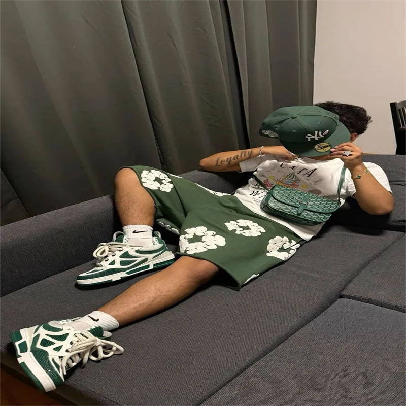 Denim Tears Cotton Wreath Tee and Shorts Green Wearing Effect