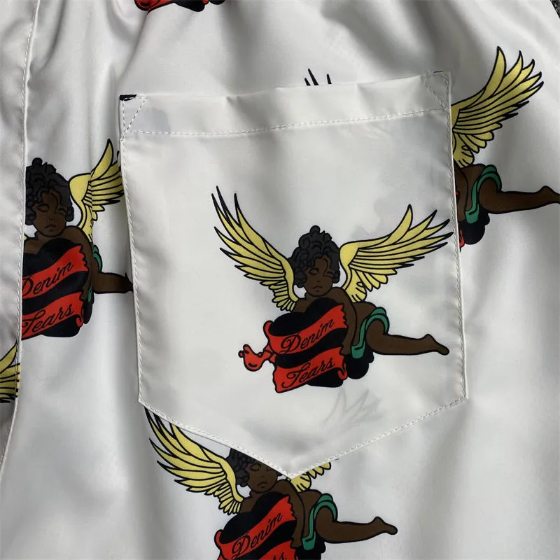Denim Tears Short Sleeve Shirt Black Cherub Print Tee and Shorts